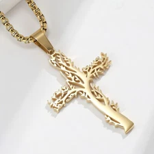 Cross Pendant Necklace for Men Women Stainless Steel Tree of Life Necklace Chain