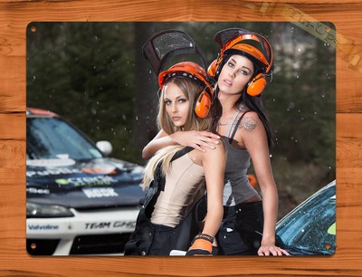 TIN SIGN "Stihl Helmets" Calendar Girl Chainsaw Race Car Garage Wall