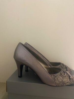 Lotus Nicoletta Pewter Leather and lace Peep Toe Court shoe in