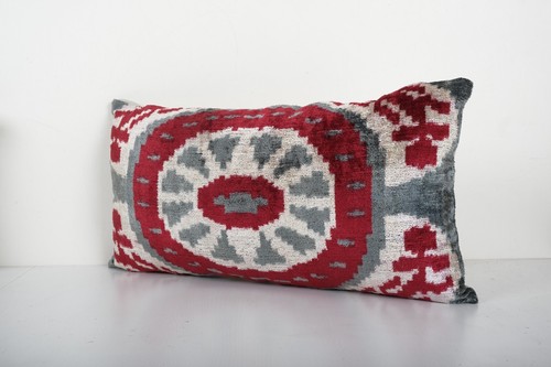 Silk Ikat Velvet Pillow, Boho Handloom Granite Gray Lumbar Cushion Cover - Picture 3 of 4