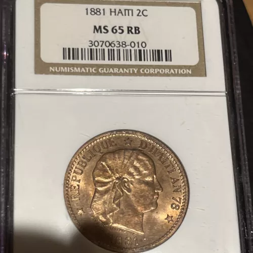 1881 2C Haiti NGC MS65 RB Coin 2 Centimes Bronze KM#43