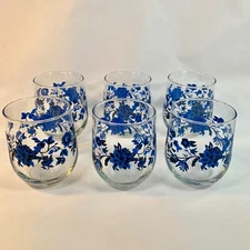 Royal Norfolk Libbey Crisa Blue Trailing Floral Stemless Glass 16.8 Oz. Set of 6