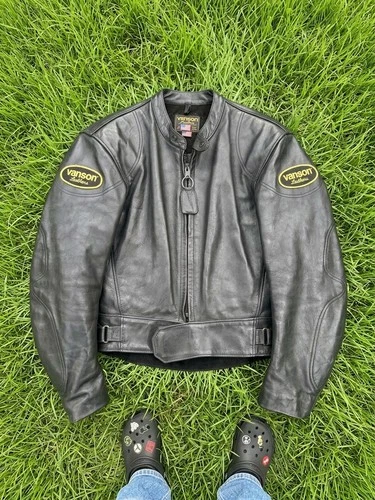 Vanson vintage style unique Leather Motorcycle Race Jacket Black - product listing photo