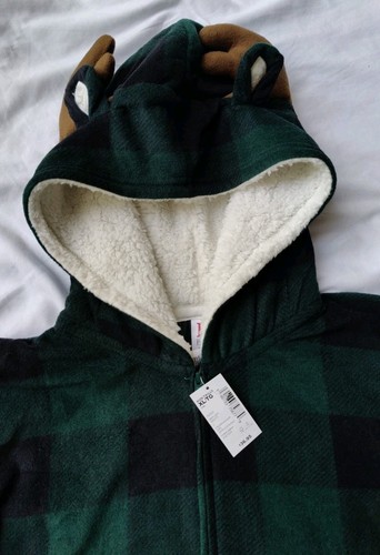 NWT Fleece Hooded Pajamas Moose Green Black Buffalo Plaid 1-Piece XL 14 Unisex - Picture 4 of 8