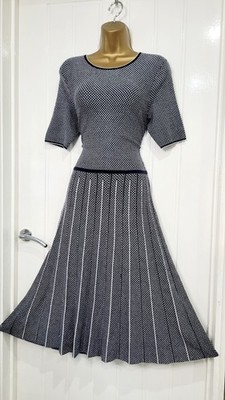 Hobbs Gr. 12 marine weiß Strick Herbst Winter Pullover Kleid Plissee gepunktet sehr guter Zustand