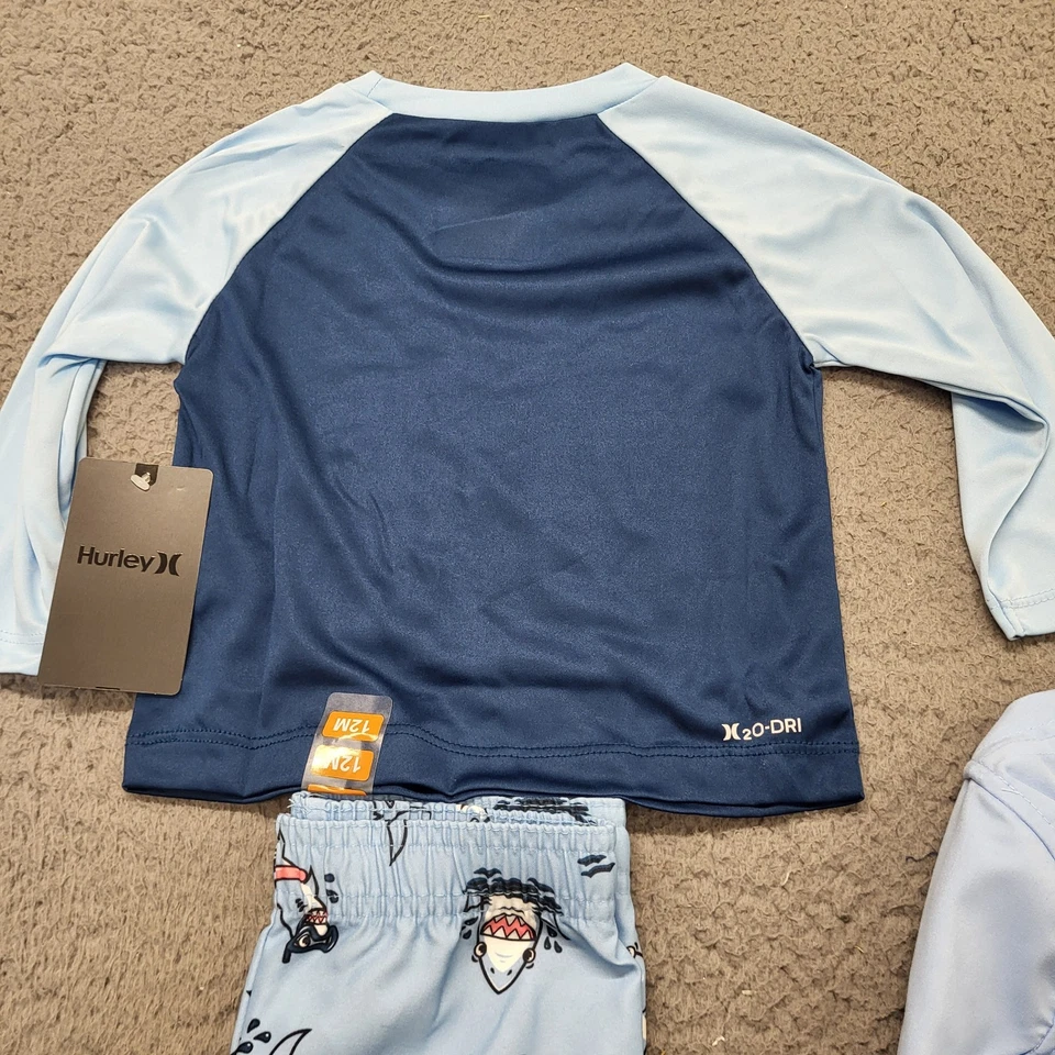 Nuevo traje de baño y sombrero Hurley 3 piezas para niños 12M azul lil tiburón UPF 50+ H2O-DRI Foto 2 de 4