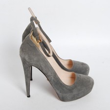 PRADA Women Gray Pumps Suede Leather Buckle Ankle Strap High Heel Shoes Sz EU 38