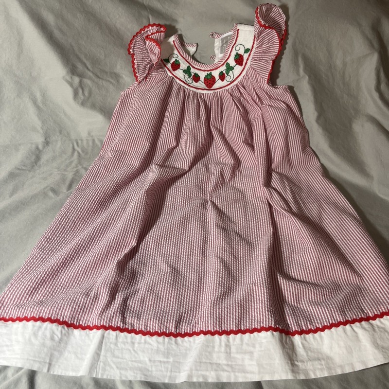 Lil Cactus Strawberry Dress Size 6 Red White With Strawberry Embroidery Smocked