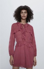 Zara Polka Dot Ruffle Trim Tie Neck Dusty Berry Pink Romper Size Small