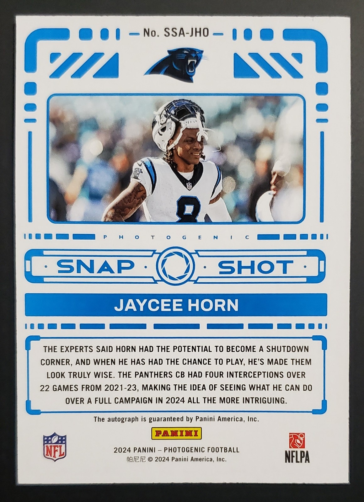 Jaycee Horn #SSA-JHO - 2024 Panini Photogenic Snapshot - Gold Auto 1/5 Bookend!