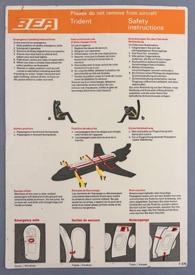 BEA British European Airways Trident Airline Safety Card F376 Transart Inplastor