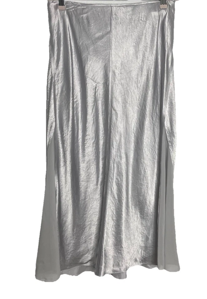 Falda sin Mangas Vince Plateada Transparente Panelada Satén Midi Minimalista Lujo Talla 8 Nueva con Etiquetas Foto 3 de 4