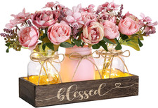 3 Pcs Mason Jar Table Centerpieces for Dining Room with Wood Tray Led Light