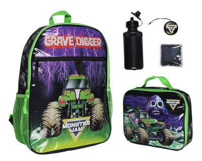 Monster Jam Grave Digger Truck 5 PC Backpack Lunch box Icepack Water Bottle K...