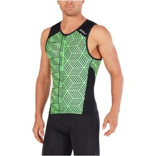 New 2XU Perform Front Zip Triathlon Singlet Men MEDIUM Black Green Tri Top