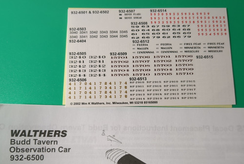 HO scale DECALS Walthers Budd Tavern Passenger Cars 932-6500 Series