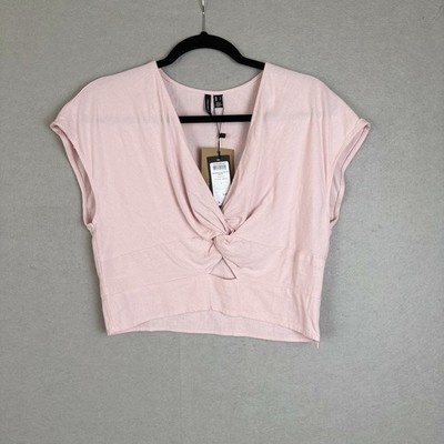Vero Moda Parfait Pink Linen Blend Twist Front Crop Top Size L