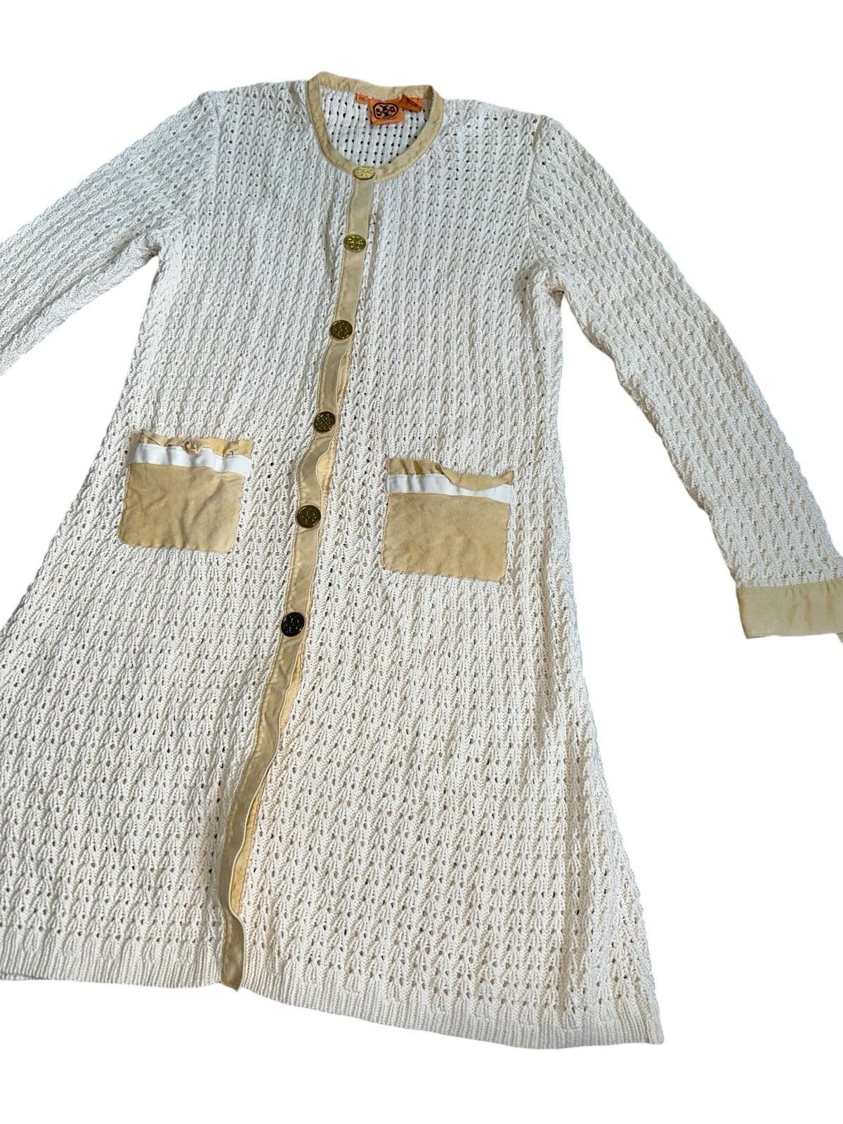 Abito Tory Burch maglia avorio scamosciato tasche bottoni oro taglia grande manica lunga
