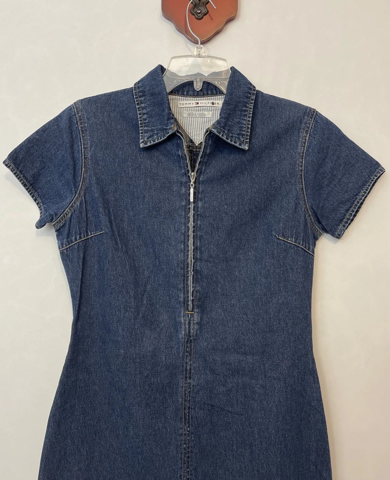 Vestido vaquero azul vintage Tommy Hilfiger para mujer talla 8 media cremallera hasta la rodilla! A6793 Foto 3 de 4