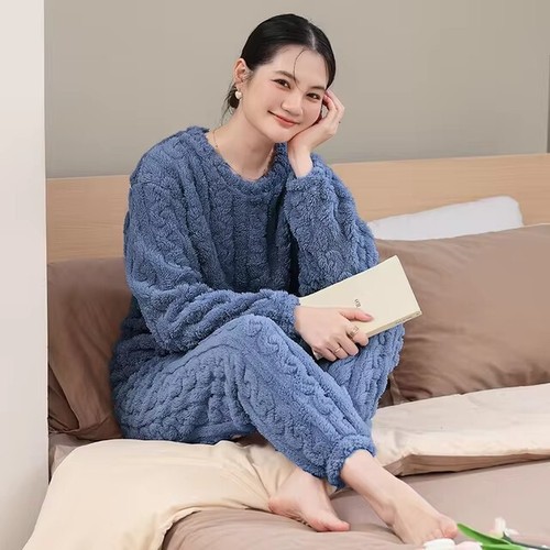 Women Warm Thicken Velvet Ribbed Pullover And Pants Pajama Sets Homewear Suit - Picture 13 of 17