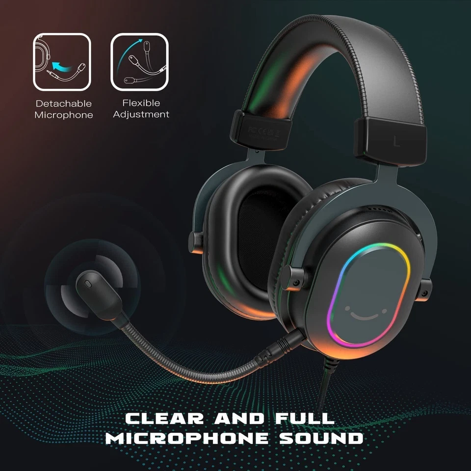 Gaming Headset mit Mikrofon PC PS4 Over Ear Kopfhörer mit Kabel RGB Headphone - Bild 4 von 4