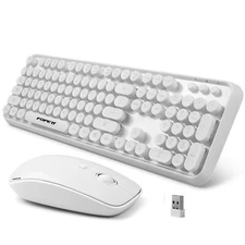 Wireless Keyboard and Mouse Combo - 2.4G Full-Sized White Keyboard with Round...