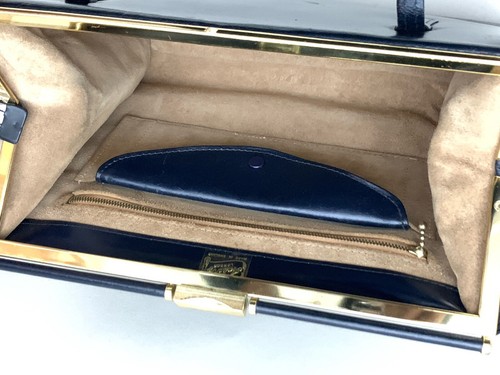 Ackery Large Vintage 1950s Blue Leather Handbag Buff Suede Lining & Elbief Frame - Picture 18 of 24