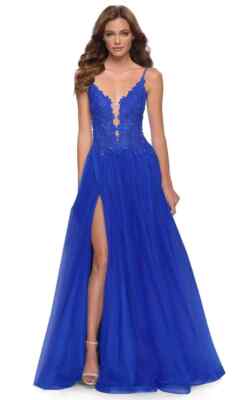 La Femme Royal Blue Floral Embroidered Illusion Plunge Tulle Ballgown Sz 18 $488