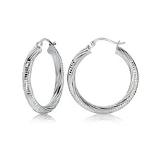 Sterling Silver 3mm Textured Twist Round Hoop Earrings, 20mm