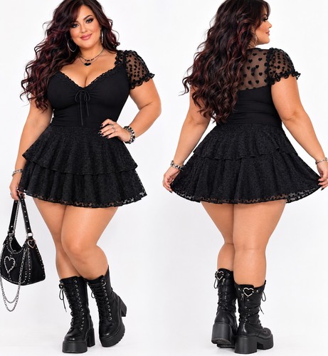 TORRID 2 Black Heart Print Tiered Ruffle Mini Skirt Flirty Textured A Line Styl