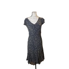 Nine West Woman Black Gold Floral 100% Silk Midi Dress V-Neck Plus Size 14W 14X