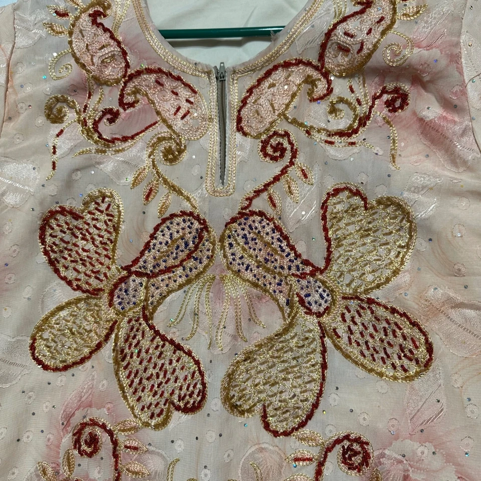 Embroidered Floral Kaftan Dress Pink Gold Tassels Beaded Sequin Maxi Bohemian M - Image 3 of 4