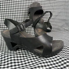 DANSKO Tasha Sandals Womens EU 36 US 6 Black Wood Cut-Out Wedge Comfort Heels