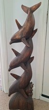 Tall 3 Dolphin Wooden Sculpture VGC