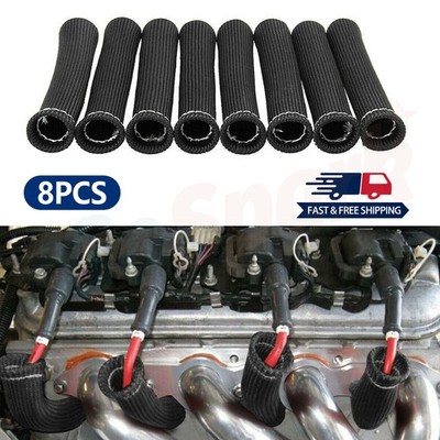8Pcs 2500° 6'' Spark Plug Wire Boots Protector Sleeve Heat Shield Cover Black