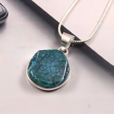 Natural Blue Green Crackle Agate Pendant Necklace Round Gemstone Silver 2594