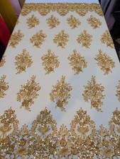 Gold Lace Fabric Beaded Sequin Embroidered Tulle Bridal Gown Material