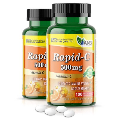 Rapid-C 500mg Vitamin C 2 Pack 100 Tablets Immune Support Antioxidant Vegan