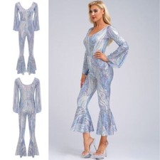 Women Leotard Prom Bodysuit Shiny Metallic Jumpsuit Long Sleeve Clubwear Adult