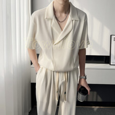 Summer Pleated Sets Men Fashion Casual Short Sleeved T Shirt/Trousers Two-piece