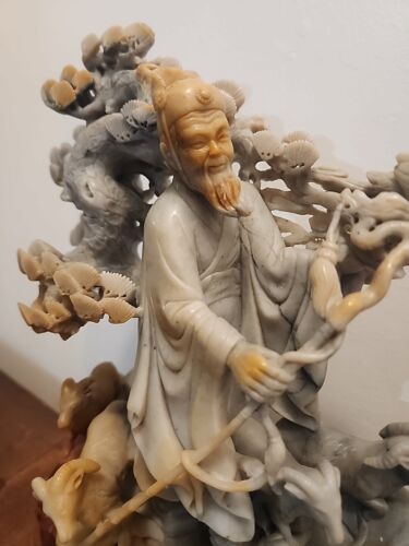 Antique Chinese Master Carved Soapstone Group SIGNED Sheep Rams Goats Shepherd