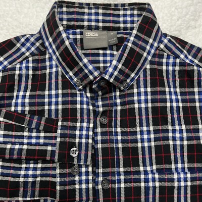 Asos Plaid Button Down Shirt Mens Size Medium Black Check Long Sleeve