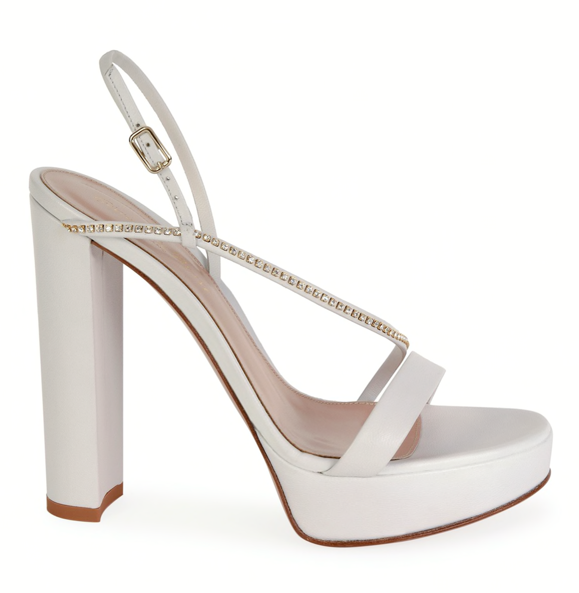 Gianvito Rossi White Asymmetric Crystal Ankle Strap Platform