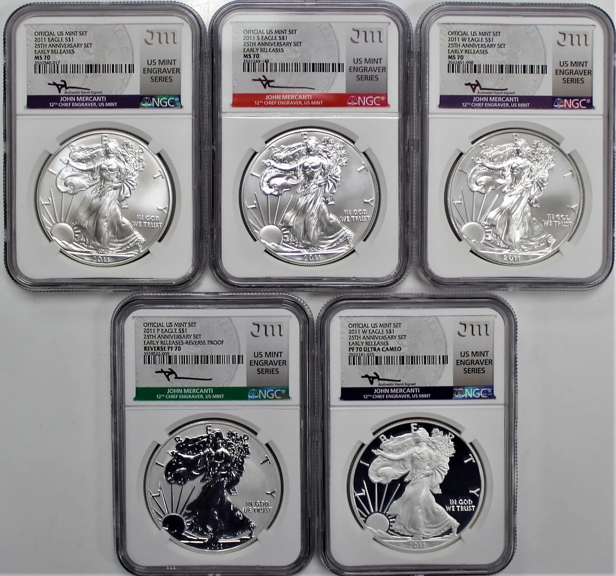 2011 $1 Silver Eagle 25th Anniversary 5 Coin Set NGC MS70