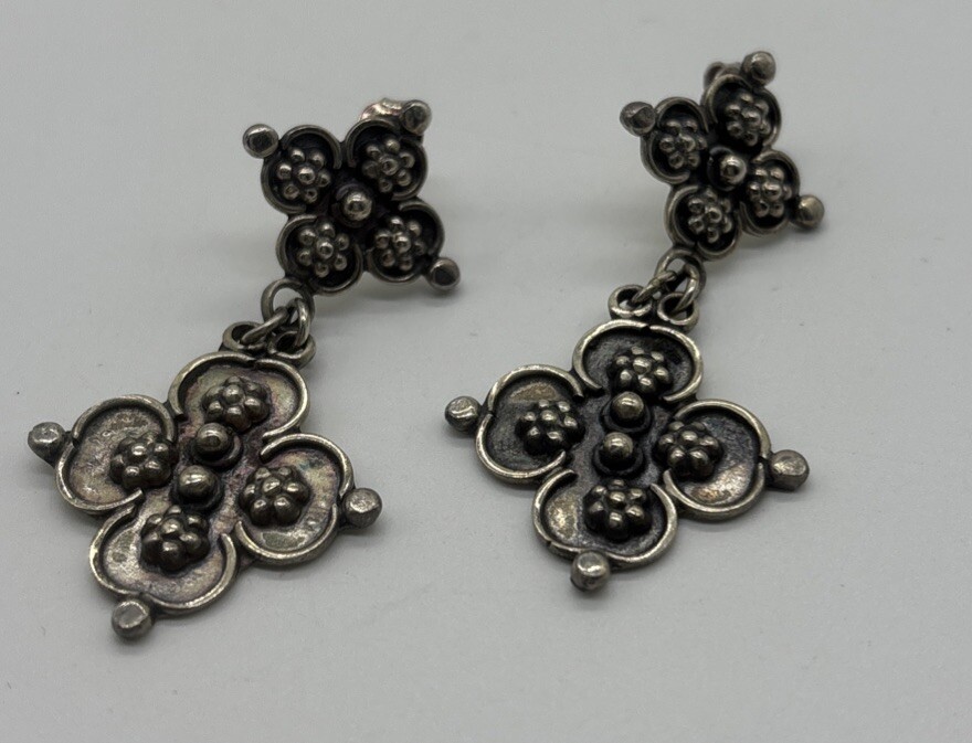 Vintage Sterling Silver Byzantine Cross Dangle Earrings Pierced Post 1.75”