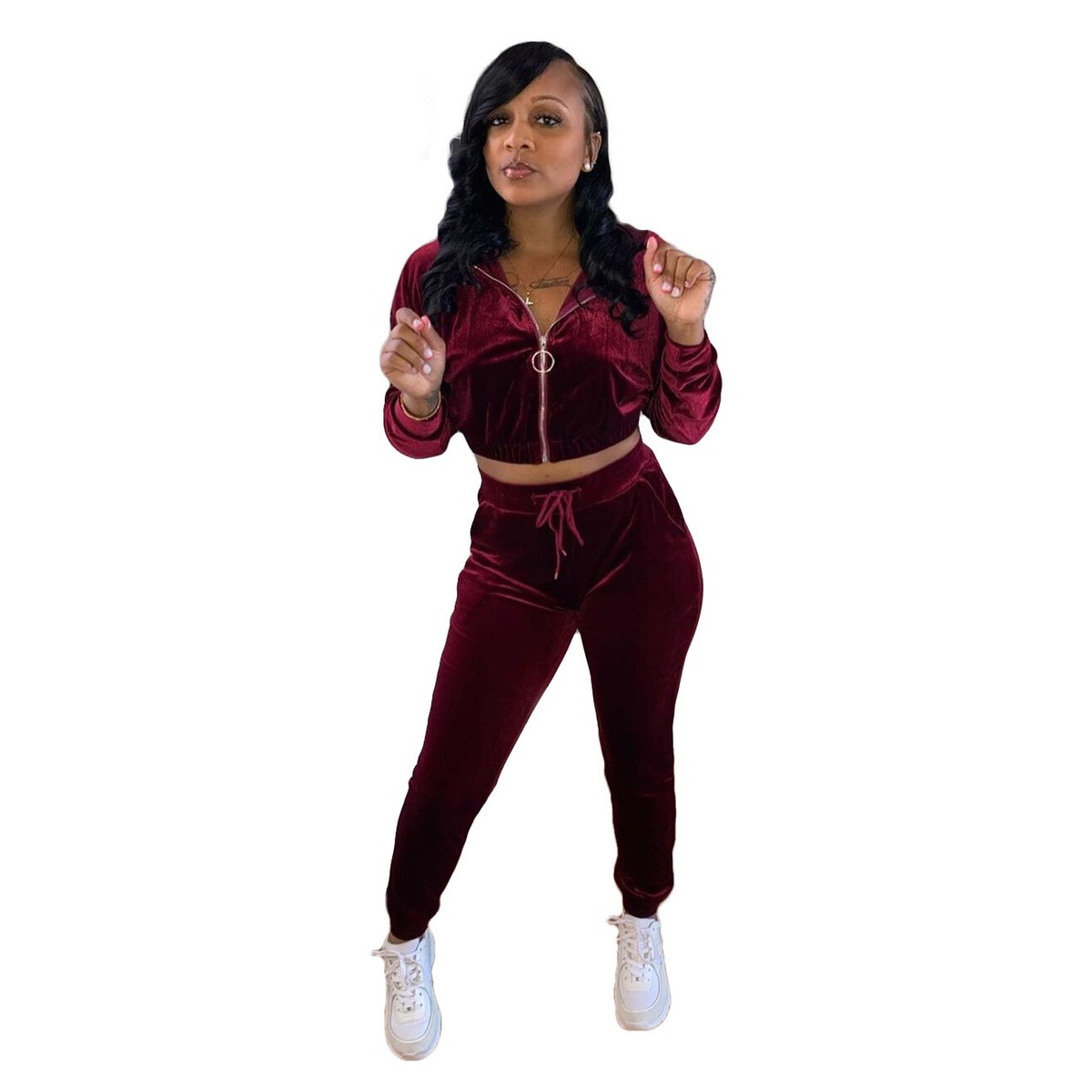 Women 2PC Zippered Long Sleeve Velvet Crop Top Jacket Sweatpants Tracksuit  S-2XL | eBay