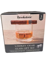 NEW BROOKSTONE Whiskey  Glass With Cigar Rest & Stainless Steel Ice Gift Set