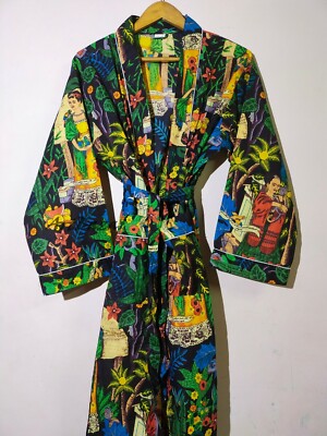 Indian Bath Robes Frida Cotton Black Kimono Robe Night Maxi Gown Kimonos Dress