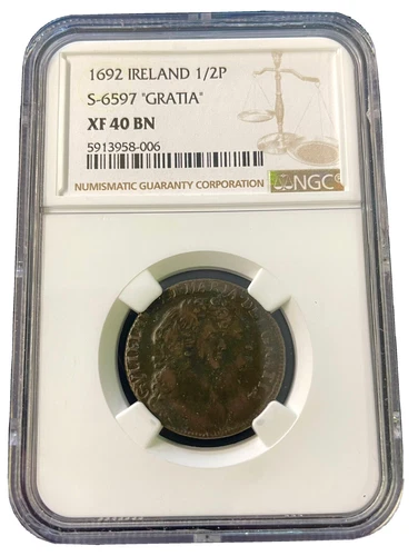 IRELAND 1692 HALF PENNY WILLIAM AND MARY S-6597 NGC XF40