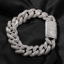 White Gold Plated Miami Cuban Link Bracelet For Men Iced CZ Out Charms 18mm 8in